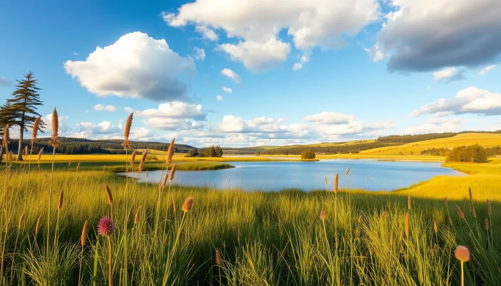 A serene landscape at Bockstens Mosse nature reserve in Sweden during a pleasant seasonal day. A picturesque scene with a lush, verdant foreground featuring tall grasses and wildflowers swaying in a gentle breeze. The middle ground showcases a tranquil lake reflecting the azure sky and fluffy white clouds above. In the distance, rolling hills and a mix of deciduous and coniferous trees create a peaceful, natural backdrop. Warm, soft lighting illuminates the scene, casting long shadows and creating a welcoming, idyllic atmosphere. Capture this scenic, quintessential Swedish landscape in a wide, high-quality photograph using a standard lens.