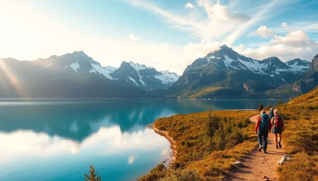 A serene landscape at Lake Sandvatnet, Norway. In the foreground, a group of hikers pause to admire the turquoise waters and snow-capped peaks reflected on the calm surface. The middle ground features a well-maintained hiking trail winding through lush, verdant foliage. In the background, towering mountains rise majestically, their slopes dotted with patches of snow. Warm, golden sunlight filters through wispy clouds, creating a picturesque, tranquil atmosphere that invites visitors to immerse themselves in the natural beauty responsibly and sustainably. The scene conveys a sense of harmony between human activity and the pristine environment.