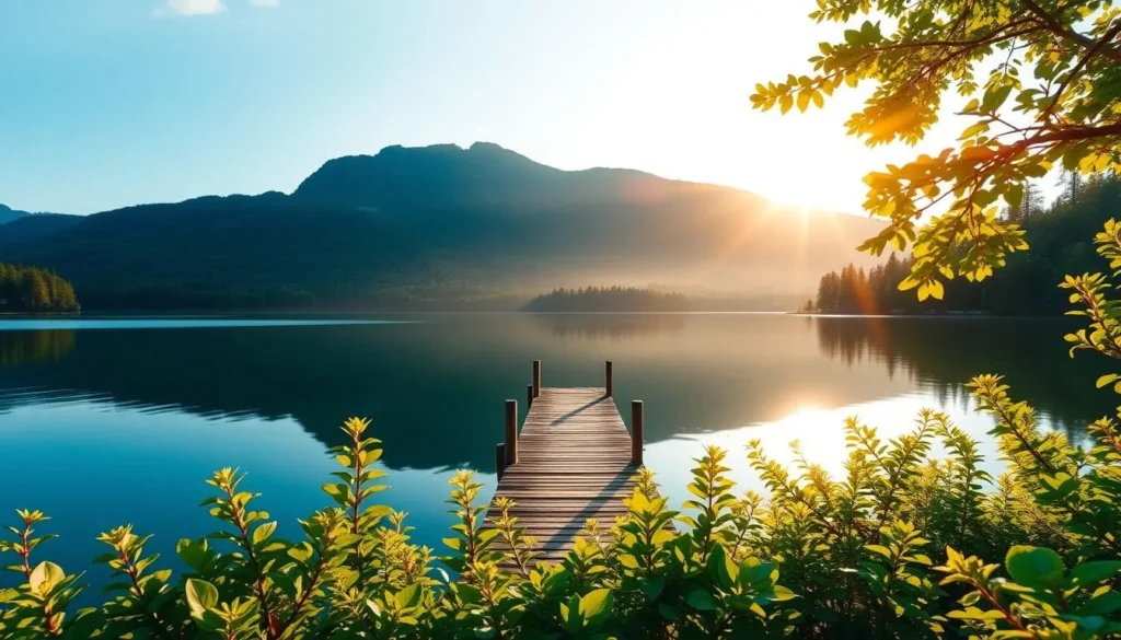 A serene landscape at Lake Vaddo, Sweden, with its tranquil waters reflecting the surrounding verdant forest and towering mountains in the distance. The sun casts a warm, golden glow, illuminating the picturesque scene. A wooden dock extends into the lake, inviting visitors to take in the breathtaking view. In the foreground, lush, vibrant foliage frames the scene, adding depth and texture. The lake's surface is calm and still, creating a mirror-like reflection of the idyllic setting. The overall atmosphere is one of peaceful solitude, capturing the essence of Sweden's hidden gem, Lake Vaddo.
