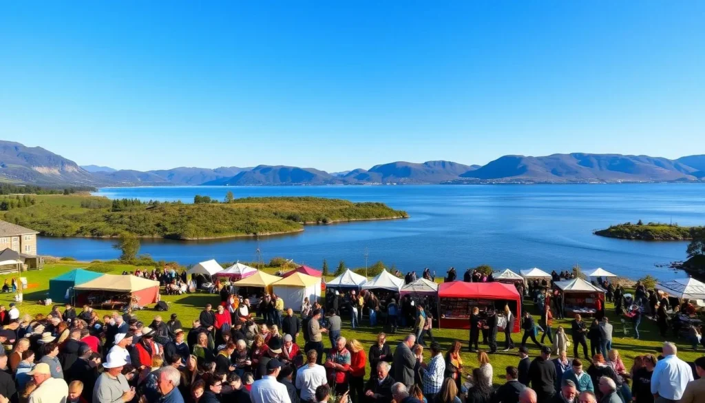 A serene landscape at Seljord Lake, Norway, showcasing its rich cultural events. In the foreground, a vibrant gathering of locals and visitors enjoying traditional music, dance, and crafts. The middle ground features colorful tents, food stalls, and artisanal displays, all captured in warm, natural lighting. In the background, the tranquil waters of the lake are framed by verdant hills and a clear, azure sky, creating a picturesque setting for the seasonal festivities. Convey a sense of community, celebration, and the natural beauty that draws people to this enchanting Nordic destination.