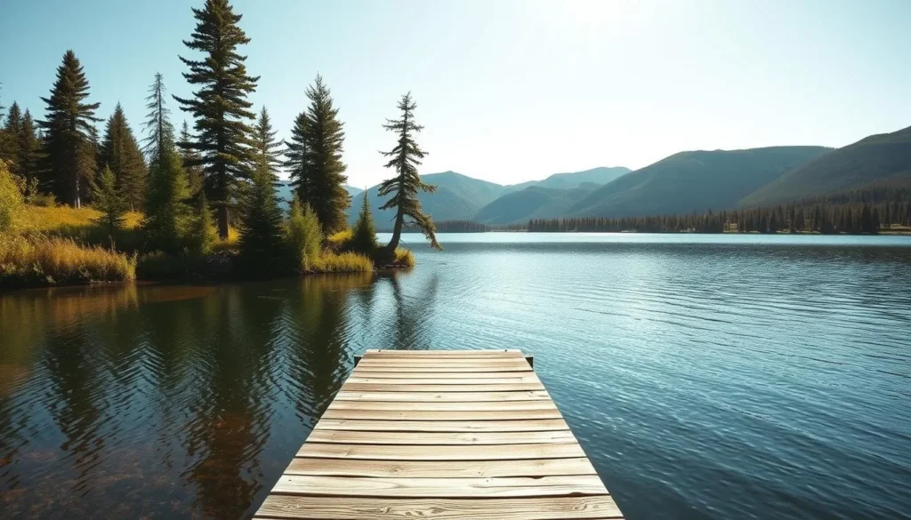 A serene landscape at Smoky Lake, Alberta, on a sunny day. In the foreground, a wooden dock extends into the calm, reflective waters, inviting visitors to relax and take in the tranquil scene. In the middle ground, tall pines and lush foliage frame the lake, creating a picturesque natural setting. The background features gently rolling hills and a clear, azure sky, accentuating the peaceful atmosphere. The scene is illuminated by warm, golden sunlight, casting a soft, inviting glow over the entire composition. Capture this idyllic moment in time, showcasing the beauty and serenity of Smoky Lake as a prime destination for outdoor exploration and relaxation.