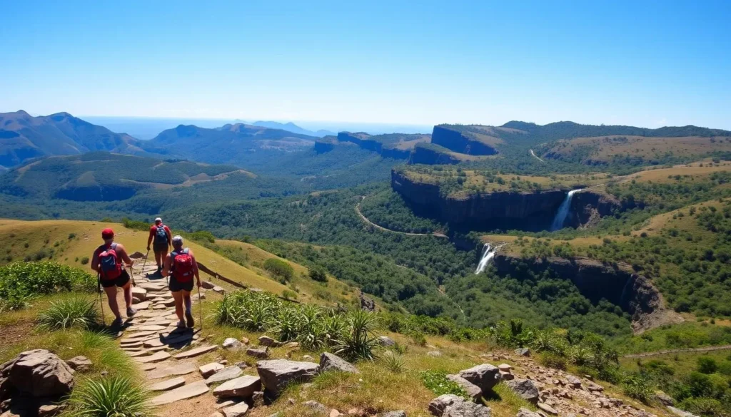 A serene landscape in Chapada Diamantina National Park, Brazil, on a bright, sunny day. In the foreground, a group of hikers carefully navigating a rocky trail, wearing appropriate gear and backpacks. In the middle ground, a stunning vista of rolling hills, lush vegetation, and sparkling waterfalls. In the background, towering cliffs and a clear, azure sky. The scene conveys a sense of adventure and natural beauty, while emphasizing the importance of safety and preparedness when exploring this magnificent region.