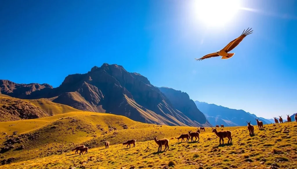 A serene landscape in Colca Canyon, Peru, where diverse wildlife thrives. In the foreground, a majestic Andean condor soars effortlessly on the thermal currents, its massive wings outstretched against a brilliant azure sky. In the middle ground, a herd of vicuñas, the graceful camelids native to the region, graze peacefully on the lush, verdant slopes. The towering, rugged cliffs of the canyon rise in the background, casting dramatic shadows that accentuate the depth and scale of this natural wonder. The scene is illuminated by warm, golden sunlight, creating a tranquil and awe-inspiring atmosphere.