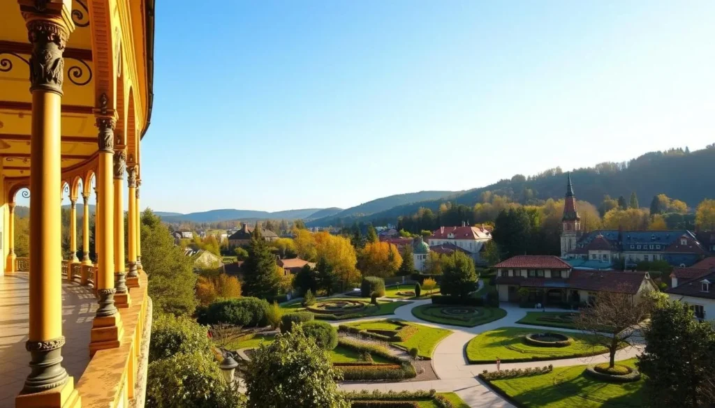 A serene landscape in Frantiskovy Lazne, a charming spa town in western Czechia. The foreground showcases the town's iconic colonnade, its elegant architecture and intricate wrought-iron details bathed in warm, golden sunlight. In the middle ground, lush, verdant gardens and pathways wind through the town, inviting visitors to explore. The background features rolling hills and a clear blue sky, creating a picturesque and tranquil atmosphere. Capture the essence of this historic spa destination, highlighting its timeless beauty and the genteel atmosphere that draws visitors from around the world.