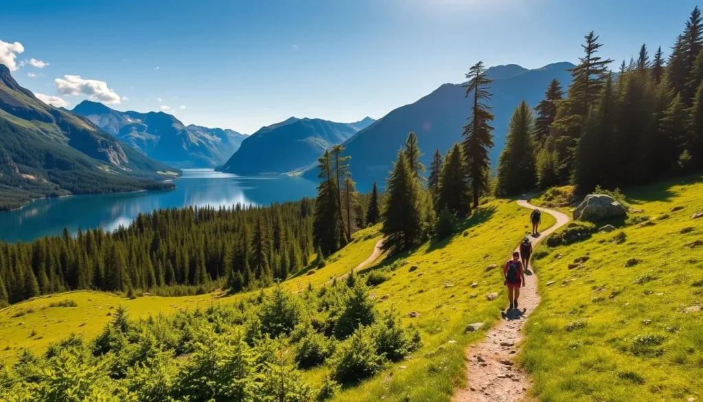 A serene landscape in Gandsfjorden National Park, Norway. Lush green forests and rolling hills in the foreground, with a crystal-clear lake reflecting the majestic mountains in the background. Hikers traversing a winding trail, enjoying the warm sunlight filtering through the canopy of tall trees. The scene is tranquil and inviting, capturing the essence of an outdoor adventure in this stunning natural setting.