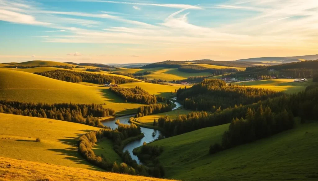 A serene landscape in Jönköping County, Sweden, bathed in warm, golden sunlight. Rolling hills covered in lush, verdant meadows and scattered pockets of dense, verdant forests. A meandering river cuts through the scene, its gentle waters reflecting the azure sky above. In the distance, a cluster of traditional Swedish cottages with red-tiled roofs nestled amidst the picturesque countryside. Wispy clouds drift lazily overhead, casting soft, diffused shadows across the tranquil tableau. The overall mood is one of peaceful tranquility, inviting the viewer to immerse themselves in the serene beauty of this hidden gem.