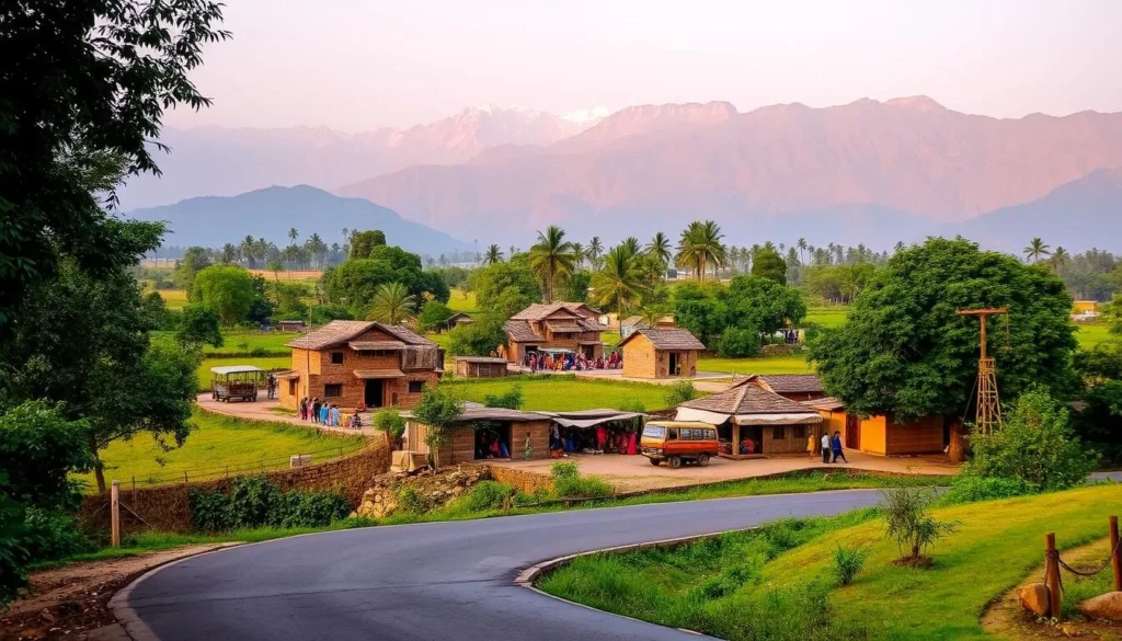 A serene landscape in Loni, Uttar Pradesh, showcasing the best things to do for travelers. In the foreground, a well-maintained road winds through lush greenery, inviting visitors to explore. The middle ground features traditional mud houses and a bustling local market, capturing the vibrant culture. In the background, towering mountains rise, their peaks bathed in soft, golden light, creating a picturesque scene. The overall atmosphere is one of tranquility and authenticity, enticing the viewer to imagine themselves immersed in the practical travel experience of visiting Loni.