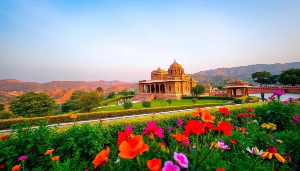 A serene landscape in Muzaffarnagar, Uttar Pradesh, showcasing its hidden gems. In the foreground, a beautifully landscaped garden with vibrant flowers and lush greenery. In the middle ground, a historic temple with intricate architectural details, bathed in warm, golden sunlight. The background features rolling hills and a clear, azure sky, creating a sense of tranquility and wonder. The scene is captured with a wide-angle lens, emphasizing the depth and grandeur of the setting. The overall mood is one of peaceful discovery, inviting the viewer to explore the enchanting hidden treasures of this captivating region.