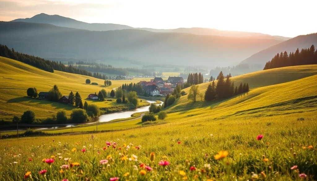 A serene landscape in Östergötland County, Sweden, with rolling hills, lush meadows, and a gently winding river cutting through the verdant scenery. In the foreground, vibrant wildflowers dot the meadow, swaying gently in the soft breeze. The middle ground features a quaint village with traditional red-roofed houses nestled among the trees, surrounded by rolling hills. In the distance, a majestic forest-covered mountain range rises, bathed in the warm glow of the sun. The scene is illuminated by soft, natural lighting, creating a picturesque and inviting atmosphere that captures the charm and beauty of this stunning Swedish region.