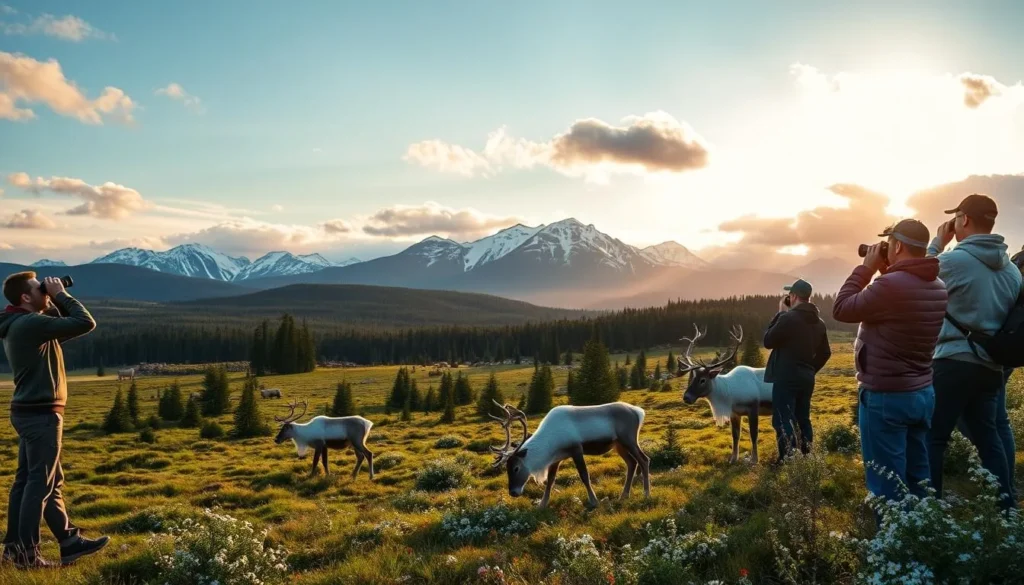 A serene landscape in Pieljekaise National Park, Sweden, where wildlife enthusiasts observe diverse species in their natural habitat. In the foreground, a group of people with binoculars and cameras carefully watch a herd of reindeer grazing peacefully. The middle ground showcases the park's lush, verdant meadows and forests, dotted with wildflowers. In the background, majestic snow-capped mountains rise, creating a picturesque alpine backdrop. Warm, golden sunlight filters through the clouds, casting a gentle glow over the scene. The atmosphere is one of tranquility and wonder, as visitors immerse themselves in the rich tapestry of Pieljekaise's wildlife.
