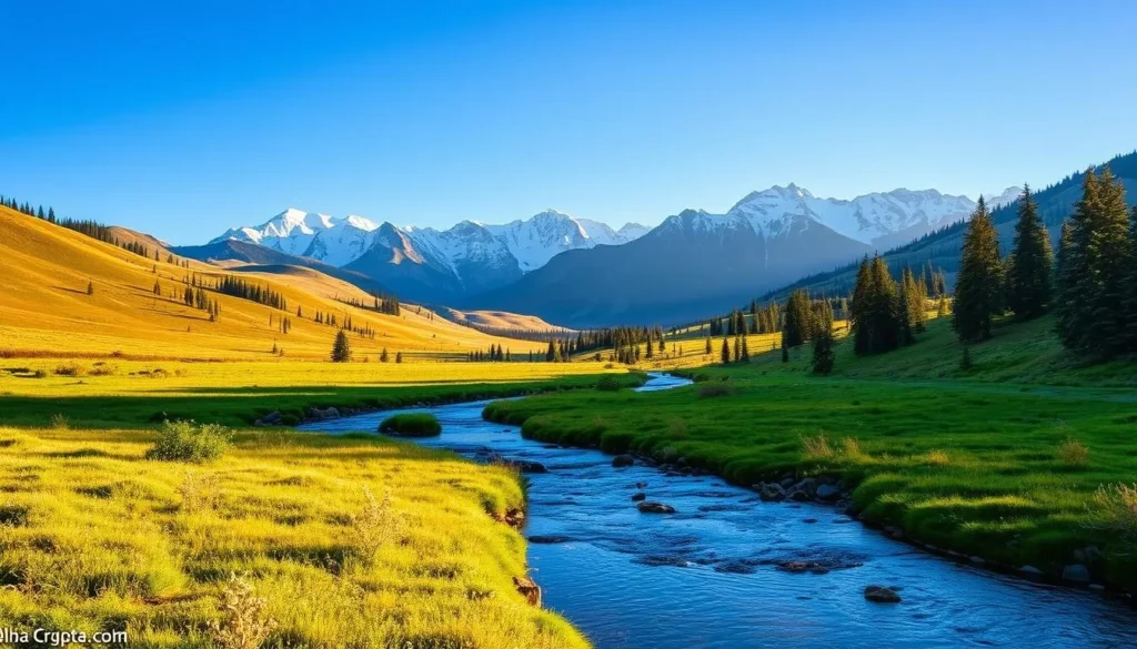 A serene landscape in Pincher Creek, Alberta, showcasing the region's natural beauty. In the foreground, a picturesque stream meanders through a lush, verdant meadow, its waters glistening under the warm, golden sunlight. Towering, snow-capped mountains rise majestically in the distance, their peaks silhouetted against a clear, azure sky. Rolling foothills dotted with evergreen trees frame the scene, creating a sense of depth and tranquility. The overall atmosphere is one of peaceful contemplation, inviting the viewer to immerse themselves in the charm and splendor of Pincher Creek's stunning natural environment.