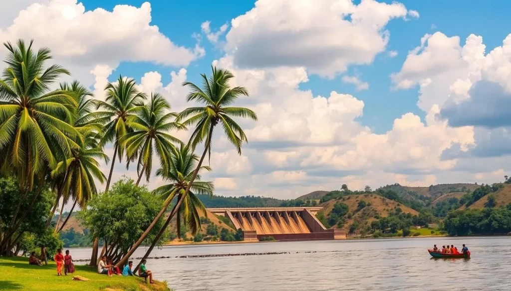 A serene landscape in Sambalpur, Odisha, showcasing the best time to visit. The scene depicts a lush, verdant riverbank with towering palm trees swaying in a gentle breeze. The azure sky is dotted with fluffy white clouds, casting a warm, golden glow across the tranquil waters of the Mahanadi River. In the foreground, a group of locals engage in leisurely activities, such as fishing and boating, exemplifying the relaxed pace of life in this charming town. The middle ground features the iconic Hirakud Dam, a marvel of engineering, framed by the rolling hills in the distance. The overall atmosphere evokes a sense of serenity and timelessness, inviting the viewer to immerse themselves in the natural beauty and cultural richness of Sambalpur.