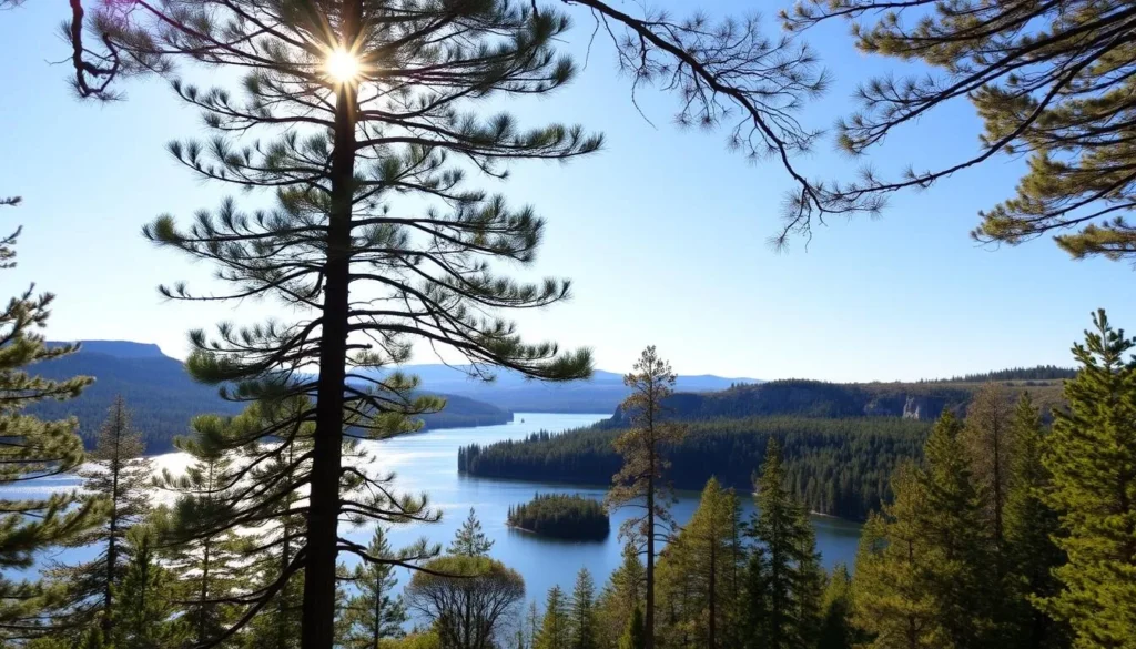 A serene landscape in Savonlinna, Finland, showcasing the region's natural beauty. Capture a lush forest with towering pine trees, their branches swaying gently in the breeze. In the foreground, a pristine lake reflects the sky's tranquil blue hues, with a few small islands dotting the surface. Sunlight filters through the canopy, casting a warm, golden glow over the scene. In the distance, rolling hills and rugged cliffs rise, creating a picturesque backdrop. The atmosphere is one of tranquility and solace, inviting the viewer to immerse themselves in the unspoiled natural wonder of Savonlinna.