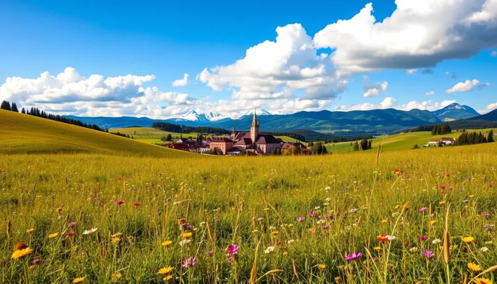 A serene landscape in South Bohemia, Czech Republic, showcasing the region's seasonal highlights. A lush meadow in the foreground, dotted with vibrant wildflowers swaying in a gentle breeze. In the middle ground, a picturesque village nestled among rolling hills, its charming buildings and church spires gleaming in the warm sunlight. In the distance, a majestic mountain range, its peaks capped with snow, creates a breathtaking backdrop. The sky is a brilliant azure, with fluffy white clouds drifting overhead, casting soft shadows across the scene. The overall atmosphere is one of tranquility and natural beauty, inviting the viewer to explore the wonders of South Bohemia during the best time of year.