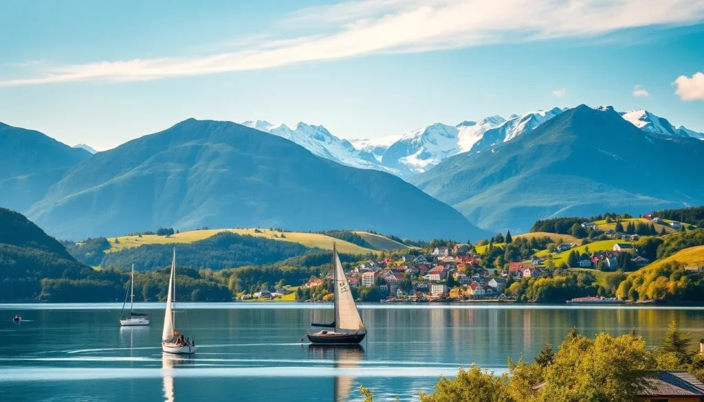 A serene landscape in southern Norway, showcasing the region's natural beauty during a pleasant day. In the foreground, a picturesque fjord reflects the surrounding mountains and lush greenery. Sailboats gently glide across the calm waters, creating a sense of tranquility. In the middle ground, a quaint town nestled among rolling hills comes into view, its colorful buildings and charming streets inviting exploration. The background features majestic snow-capped peaks, their rugged grandeur contrasting with the serene setting. Warm sunlight bathes the scene, casting a golden glow and highlighting the region's vibrant hues. The overall atmosphere evokes a serene and inviting atmosphere, capturing the essence of southern Norway's allure during the best of seasons. A serene landscape in southern Norway, showcasing the region's natural beauty during a pleasant day. In the foreground, a picturesque fjord reflects the surrounding mountains and lush greenery. Sailboats gently glide across the calm waters, creating a sense of tranquility. In the middle ground, a quaint town nestled among rolling hills comes into view, its colorful buildings and charming streets inviting exploration. The background features majestic snow-capped peaks, their rugged grandeur contrasting with the serene setting. Warm sunlight bathes the scene, casting a golden glow and highlighting the region's vibrant hues. The overall atmosphere evokes a serene and inviting atmosphere, capturing the essence of southern Norway's allure during the best of seasons.