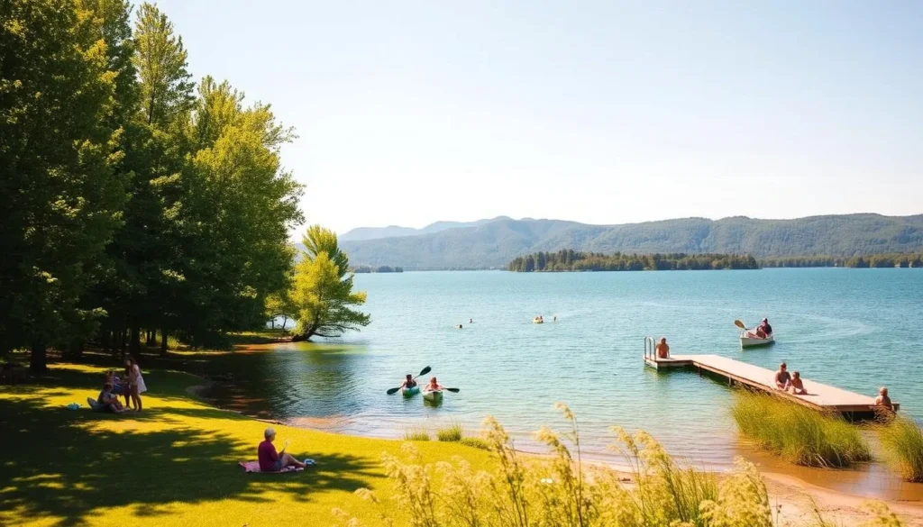 A serene landscape of Beaver Lake, Arkansas, where lush green trees line the tranquil shores. In the foreground, families enjoy a sunny afternoon, kayaking across the calm waters, while others picnic on the grassy banks. The middle ground features a wooden dock, inviting visitors to dive into the crystal-clear lake. In the background, rolling hills and distant mountains create a picturesque backdrop, bathed in warm, golden sunlight. The scene exudes a sense of peaceful, outdoor recreation, perfectly capturing the best things to do at Beaver Lake.