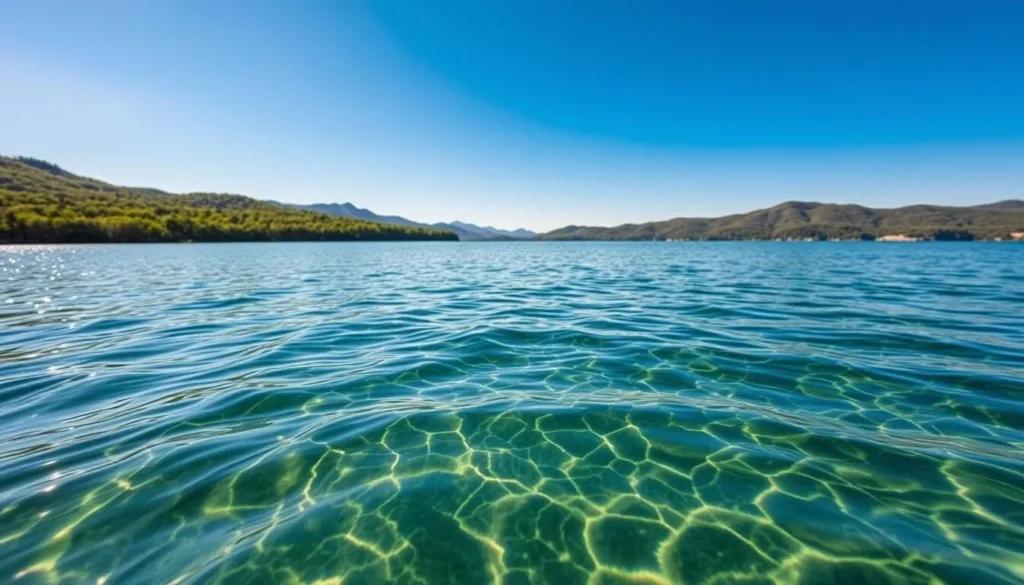 A serene landscape of Beaver Lake, Arkansas, where the crystal-clear waters reflect the azure sky above. The foreground showcases the glimmering surface, with a gentle ripple pattern that captures the sunlight. In the middle ground, lush, verdant foliage lines the shore, creating a natural frame for the tranquil scene. The background features rolling hills and distant mountains, bathed in a warm, golden glow from the sun. The overall atmosphere is one of tranquility and natural beauty, inviting the viewer to immerse themselves in the peaceful ambiance of Beaver Lake.