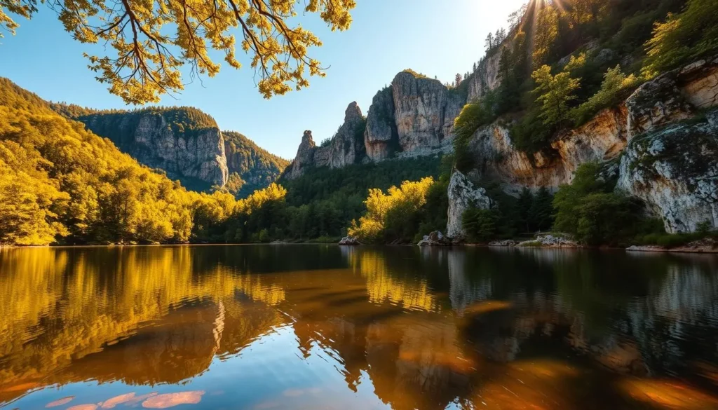 A serene landscape of Devil's Lake in Czechia, captured on a sunny day with a wide-angle lens. The picturesque lake surrounded by lush, verdant forests and towering rock formations casts a tranquil reflection on the still waters. Warm, golden sunlight filters through the trees, creating a dappled pattern on the foreground and highlighting the intricate textures of the rocky cliffs. The scene conveys a sense of tranquility and natural beauty, inviting the viewer to immerse themselves in the captivating scenery of this scenic Czech destination.