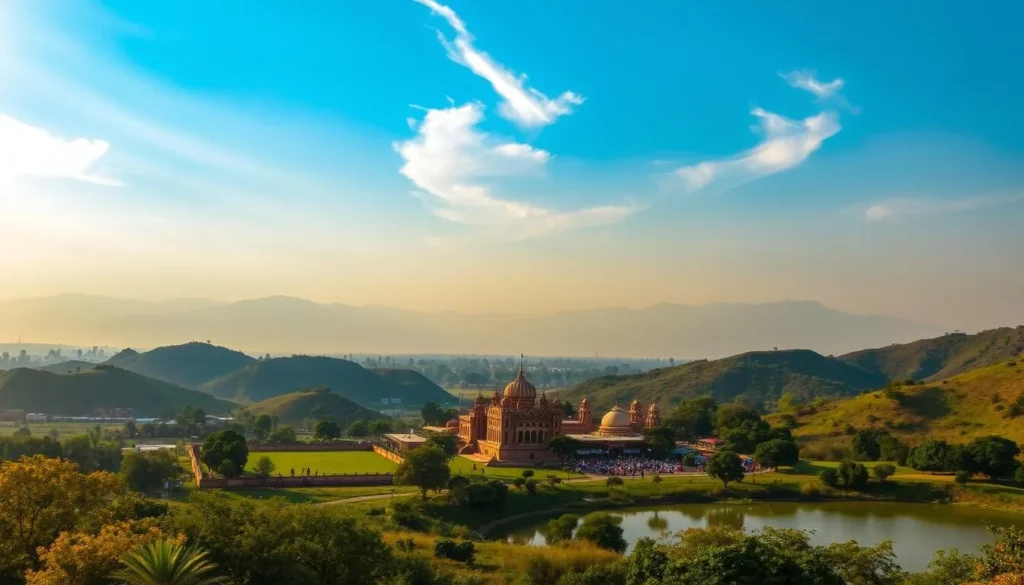 A serene landscape of Faridabad, Haryana, India, with its lush green hills and picturesque lakes in the foreground. Capture the tranquil atmosphere with warm, golden sunlight filtering through wispy clouds, casting a soft glow over the scene. In the middle ground, showcase the architectural marvels of Faridabad, such as the historic Surajkund Mela grounds and the vibrant markets, inviting visitors to explore the city's rich cultural heritage. The background should feature the majestic Aravalli mountain range, adding depth and grandeur to the composition. Convey a sense of serenity, adventure, and the allure of discovering this hidden gem in Haryana.