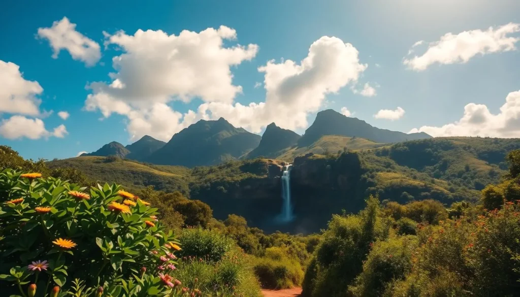 A serene landscape of Furnas do Bom Jesus National Park, Brazil on a sunny day. In the foreground, lush verdant foliage and vibrant wildflowers line the hiking trails. The middle ground reveals a picturesque waterfall cascading over rugged rock formations, surrounded by towering mountains. In the background, the azure sky is dotted with fluffy white clouds, creating a tranquil and inviting atmosphere. The lighting is warm and golden, highlighting the park's natural beauty. Capture this idyllic scene with a wide-angle lens to showcase the grandeur of the landscape.