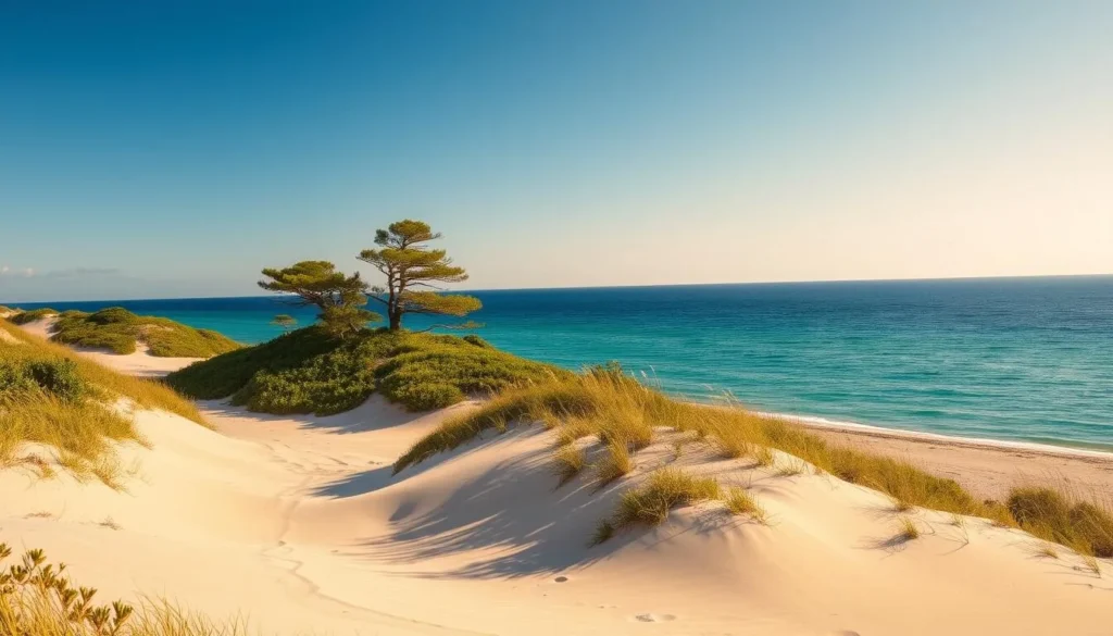 A serene landscape of Gotska Sandön Island, Sweden, where the pristine sandy beach meets the crystal-clear turquoise waters of the Baltic Sea. In the foreground, gently rolling dunes covered in lush, verdant vegetation sway in the warm, coastal breeze. The middle ground features a cluster of weathered, wind-swept pine trees, casting long shadows across the sand. In the distance, the horizon is dominated by a stunning cloudless sky, bathed in warm, golden sunlight that illuminates the entire scene with a tranquil, almost ethereal ambiance. The overall mood is one of peaceful solitude and natural beauty, inviting the viewer to immerse themselves in the serene splendor of this remote, unspoiled island paradise.