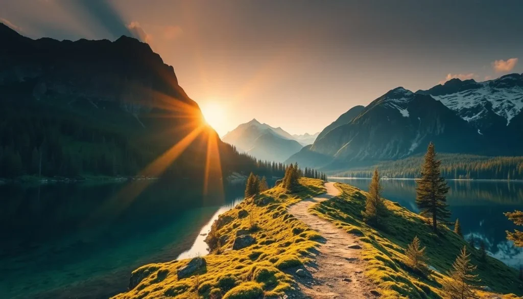 A serene landscape of Holsby National Park, Sweden. In the foreground, a crystal-clear lake reflects the towering peaks and verdant forests surrounding it. Rays of warm sunlight filter through the canopy, casting a golden glow over the scene. In the middle ground, a winding trail leads hikers through the lush, moss-covered terrain, inviting exploration. The background features majestic mountains, their rugged slopes dusted with snow, creating a dramatic and picturesque backdrop. The overall atmosphere is one of tranquility and natural wonder, capturing the essence of this stunning Scandinavian wilderness.