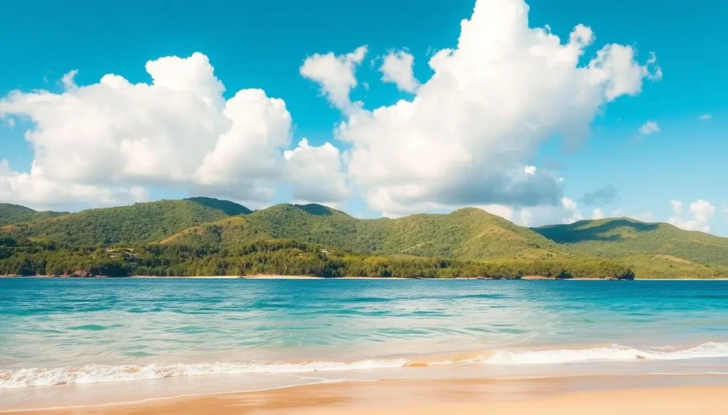 A serene landscape of Isla Magdalena on a bright, sunny day. The foreground features a picturesque beach with soft, golden sand and gently lapping waves. In the middle ground, rolling hills covered in lush, verdant vegetation create a scenic backdrop. The sky is a vibrant azure, with fluffy white clouds drifting overhead, casting soft shadows across the scene. The lighting is natural and warm, creating a welcoming and tranquil atmosphere. Capture this idyllic setting using a wide-angle lens to showcase the full breadth of the island's natural beauty.