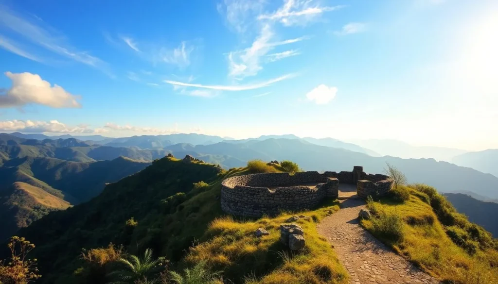 A serene landscape of Kuelap, an ancient Chachapoya fortress nestled atop a verdant mountain in Peru. Warm sunlight filters through wispy clouds, casting a golden glow over the stone ruins and lush foliage. In the foreground, a path winds through the site, inviting exploration. The middle ground showcases the unique architecture of Kuelap, with its circular stone structures and intricate carvings. In the distance, rolling hills and a clear blue sky create a picturesque backdrop, capturing the beauty of the Andes Mountains. The scene evokes a sense of tranquility and wonder, reflecting the ideal time to visit this remarkable archaeological wonder.