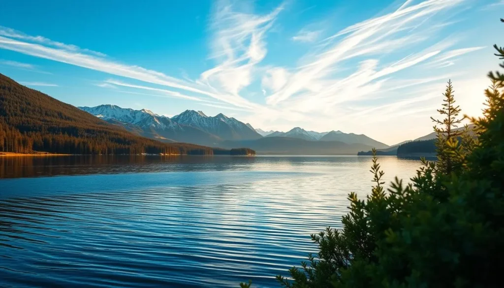 A serene landscape of Lake Akkajaure in northern Sweden, bathed in soft, golden sunlight. In the foreground, a gently rippling surface reflects the surrounding pine-covered hills and snow-capped peaks. Towering mountains rise majestically in the distance, their jagged silhouettes mirrored in the still waters. Wispy clouds drift across a clear, azure sky, creating a sense of tranquility and peace. The scene is framed by lush, verdant foliage along the shore, inviting the viewer to step into this picturesque natural haven. An idyllic setting, perfect for a relaxing day of outdoor exploration and appreciation of the region's breathtaking beauty.