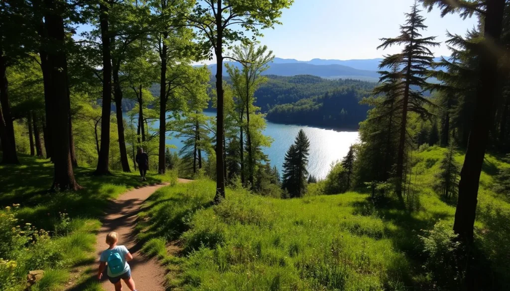 A serene landscape of Lake Milada, Czechia, with lush green trails winding through the forested banks. Sunlight filters through the canopy, casting a warm glow over the scene. In the foreground, a well-maintained hiking path invites exploration, flanked by tall trees and wildflowers. The middle ground reveals the glistening waters of the lake, its surface reflecting the surrounding natural beauty. In the distance, rolling hills and mountains rise, creating a picturesque backdrop. The atmosphere is tranquil and inviting, perfect for a leisurely run or hike along the lake's tranquil trails.
