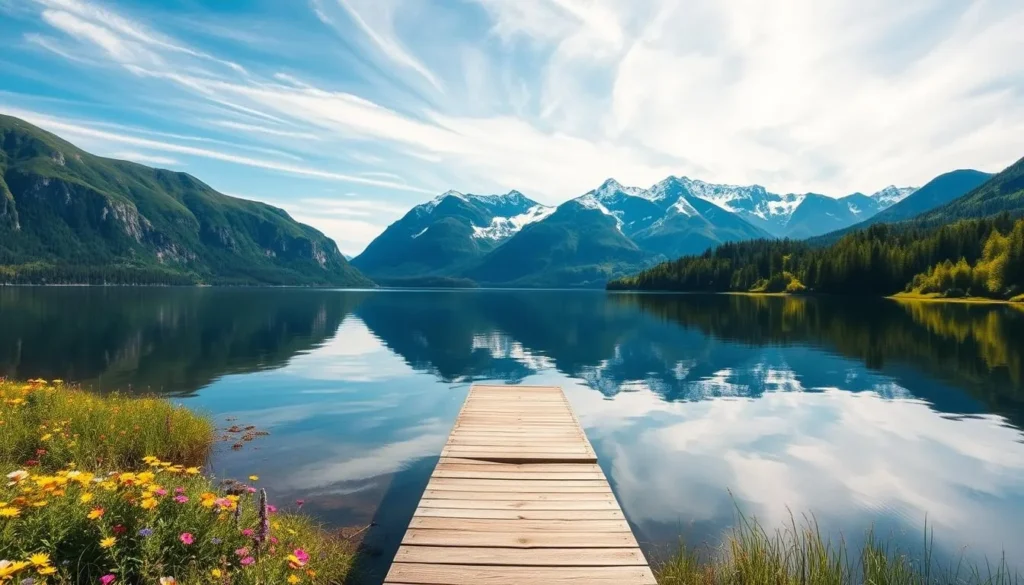 A serene landscape of Lake Nedre Heimdalsvatn, Norway, captured under a clear sky with wispy clouds. The placid waters reflect the surrounding mountains and lush green foliage, creating a mirror-like effect. In the foreground, colorful wildflowers dotting the shoreline add a vibrant touch. The middle ground features a wooden dock, inviting visitors to take in the tranquil scene. Faraway, the towering peaks of the Jotunheimen mountain range stand tall, their snow-capped summits glistening in the warm sunlight. The overall atmosphere is one of peaceful contemplation, perfectly suited for a photography hotspot.