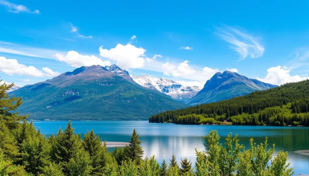 A serene landscape of Lake Oyeren, Norway, on a sunny day. In the foreground, the crystal-clear waters of the lake reflect the surrounding lush, verdant foliage. Towering mountains rise in the middle distance, their snow-capped peaks gleaming in the soft, warm light. Wispy clouds drift across the azure sky, casting gentle shadows on the rugged terrain. The scene exudes a sense of tranquility and natural beauty, inviting the viewer to immerse themselves in the majesty of this picturesque Nordic setting.