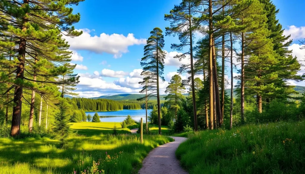 A serene landscape of Lidingö Island Nature Reserve in Sweden. Lush, verdant forests and meadows stretch out, with a tranquil lake reflecting the azure sky and fluffy clouds. Gentle sunlight filters through the canopy, casting a warm, golden glow over the scene. In the foreground, a winding path invites exploration, flanked by vibrant wildflowers. Towering pines and birches line the middle ground, their branches swaying softly in the breeze. In the distance, rolling hills rise up, blanketed in a tapestry of green. This idyllic natural setting exudes a sense of peace and serenity, perfectly capturing the essence of Lidingö's best offerings for nature lovers.