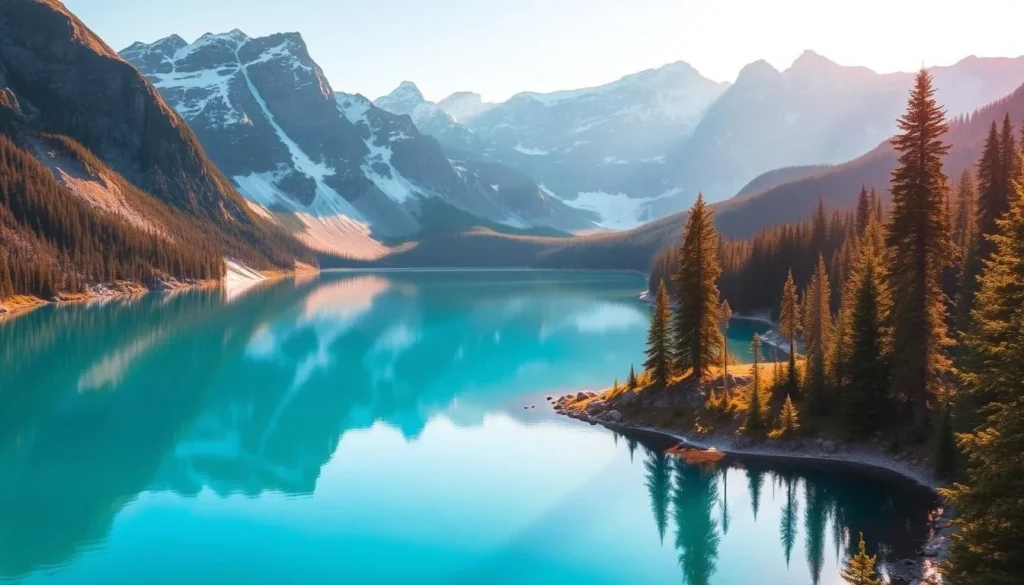 A serene landscape of Maligne Lake, nestled amidst the majestic Canadian Rockies. Capture the tranquil waters reflecting the surrounding snow-capped peaks and lush evergreen forests. Showcase the lake's iconic turquoise hue, created by the glacial silt suspended in the water. Bathe the scene in warm, golden sunlight, casting gentle shadows and highlights on the rugged terrain. Compose the image with a balanced perspective, highlighting the grandeur of the natural setting. Convey a sense of peace and wonder, inviting the viewer to immerse themselves in the beauty of this picturesque location within Jasper National Park. A serene landscape of Maligne Lake, nestled amidst the majestic Canadian Rockies. Capture the tranquil waters reflecting the surrounding snow-capped peaks and lush evergreen forests. Showcase the lake's iconic turquoise hue, created by the glacial silt suspended in the water. Bathe the scene in warm, golden sunlight, casting gentle shadows and highlights on the rugged terrain. Compose the image with a balanced perspective, highlighting the grandeur of the natural setting. Convey a sense of peace and wonder, inviting the viewer to immerse themselves in the beauty of this picturesque location within Jasper National Park.