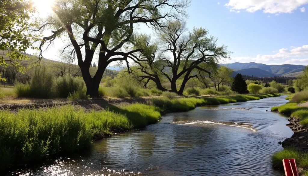 A serene landscape of Parker, Colorado's Cherry Creek, capturing the essence of a hidden gem. Sunlight filters through the verdant foliage, casting a warm glow on the gently flowing waters. In the foreground, the creek meanders peacefully, its surface reflecting the surrounding greenery. In the middle ground, towering trees line the banks, their branches swaying in a gentle breeze. The background reveals the rolling hills and distant mountains, providing a picturesque backdrop to this tranquil scene. The composition invites the viewer to immerse themselves in the peaceful ambiance, showcasing the natural beauty that Parker, Colorado has to offer.