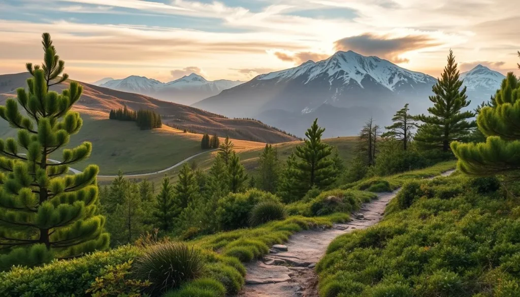 A serene landscape of Rago National Park, Norway, unfolds before the viewer. In the foreground, a well-maintained hiking trail winds through lush, verdant vegetation, inviting visitors to explore the park's natural wonders. The middle ground features rolling hills dotted with clusters of pine trees, their branches swaying gently in the soft breeze. In the distance, majestic snow-capped mountains rise, their peaks bathed in warm, golden sunlight that filters through wispy clouds. The overall scene conveys a sense of tranquility and adventure, perfectly capturing the essence of a budget-friendly day in this stunning Norwegian wilderness.