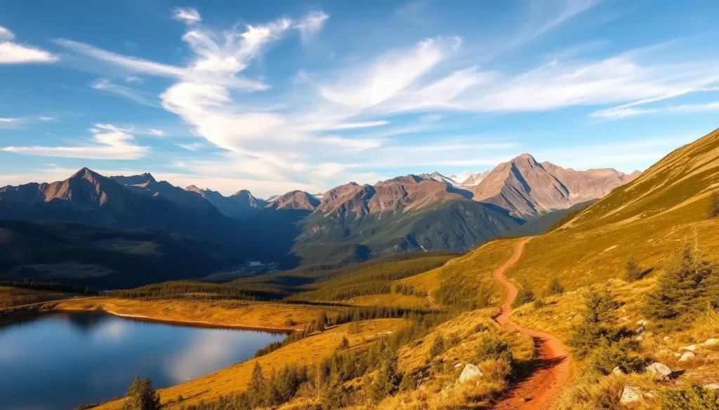 A serene landscape of Rondane National Park in Norway, bathed in warm afternoon sunlight. In the foreground, a pristine alpine lake reflects the rugged peaks and lush valleys beyond. Wispy clouds drift across a clear blue sky, creating a sense of tranquility. The middle ground features a winding trail leading through a verdant forest, inviting exploration. In the distance, the majestic Rondane mountains rise, their snow-capped summits glowing under the golden light. The scene evokes a feeling of peaceful solitude, perfect for a day trip from the nearby Dovrefjell region.