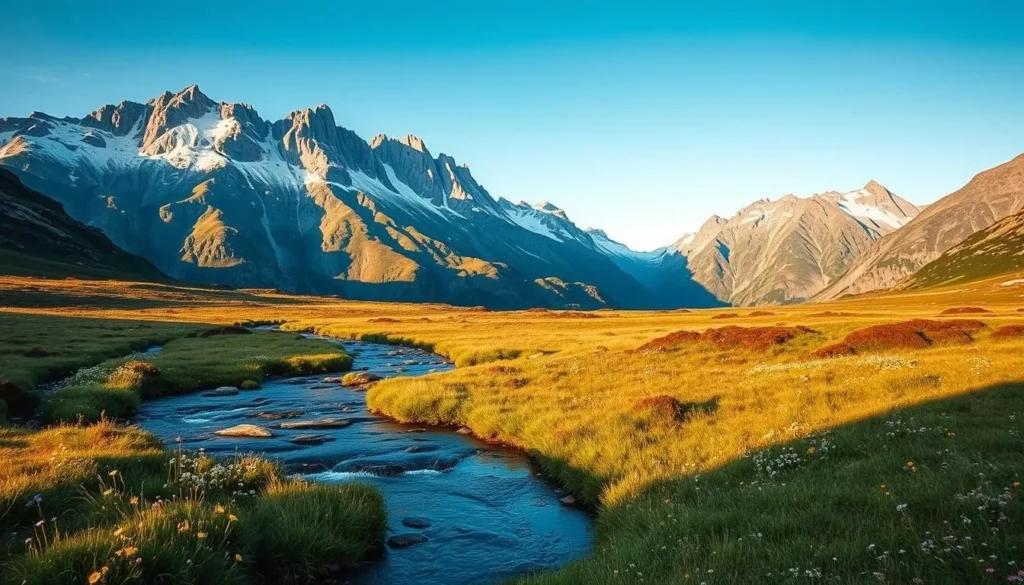 A serene landscape of Rondane National Park in Norway, the country's oldest national park. In the foreground, a crystal-clear mountain stream flows gently through a lush meadow dotted with wildflowers. Majestic, snow-capped peaks rise in the middle distance, their rugged slopes casting long shadows in the warm, golden light of a summer afternoon. The background is dominated by a panoramic vista of towering, jagged mountains, their rocky faces sculpted by glaciers over millennia. A sense of tranquility and natural wonder pervades the scene, inviting the viewer to immerse themselves in the unspoiled beauty of this pristine wilderness.