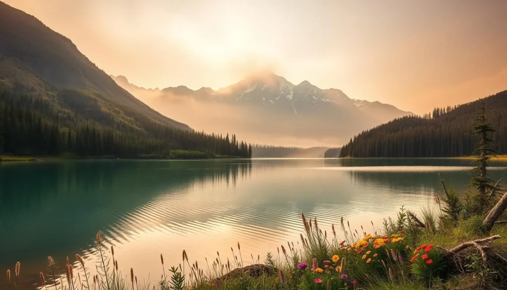 A serene landscape of Smoky Lake, Alberta, nestled amidst the rolling hills and dense pine forests. In the foreground, a pristine mirror-like lake reflects the surrounding natural beauty, its surface gently rippled by a light breeze. Along the shoreline, lush greenery and vibrant wildflowers add a touch of color to the scene. In the middle ground, towering mountains rise majestically, their peaks capped with snow that glistens under the warm, golden sunlight. The background is filled with a dreamy, atmospheric haze, creating a sense of depth and tranquility. This idyllic setting exudes a peaceful, serene ambiance, inviting viewers to immerse themselves in the charming allure of Smoky Lake.