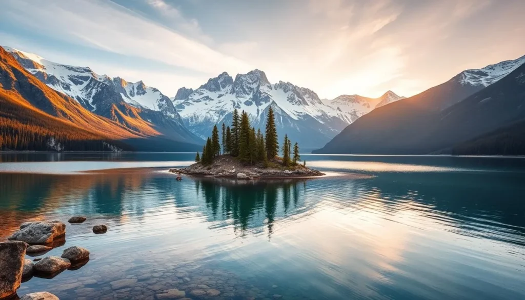 A serene landscape of Spirit Island floating atop the crystal-clear waters of Maligne Lake, surrounded by the majestic Canadian Rockies. Dramatic snow-capped peaks rise in the background, their rugged silhouettes reflected in the mirror-like surface. Warm, golden sunlight bathes the scene, casting a soft, ethereal glow across the island's evergreen trees and rocky shores. A wide-angle lens captures the grandeur of this picturesque moment, showcasing the breathtaking natural beauty of this photography hotspot in the Maligne Valley.