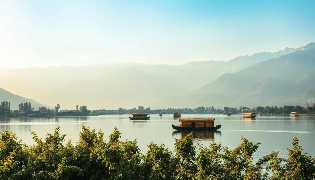 A serene landscape of Srinagar, Kashmir, bathed in the golden glow of the afternoon sun. In the foreground, a tranquil lake reflects the surrounding mountains, their snow-capped peaks reaching towards the clear, azure sky. Lush, verdant foliage lines the banks, creating a picturesque scene. In the middle ground, traditional houseboats and shikaras drift peacefully across the still waters, their intricate wooden carvings and vibrant colors adding to the idyllic atmosphere. The background is dominated by the majestic Himalayas, their rugged terrain softened by the warm, hazy light. An image that captures the serene beauty and timeless charm of this "Paradise on Earth."