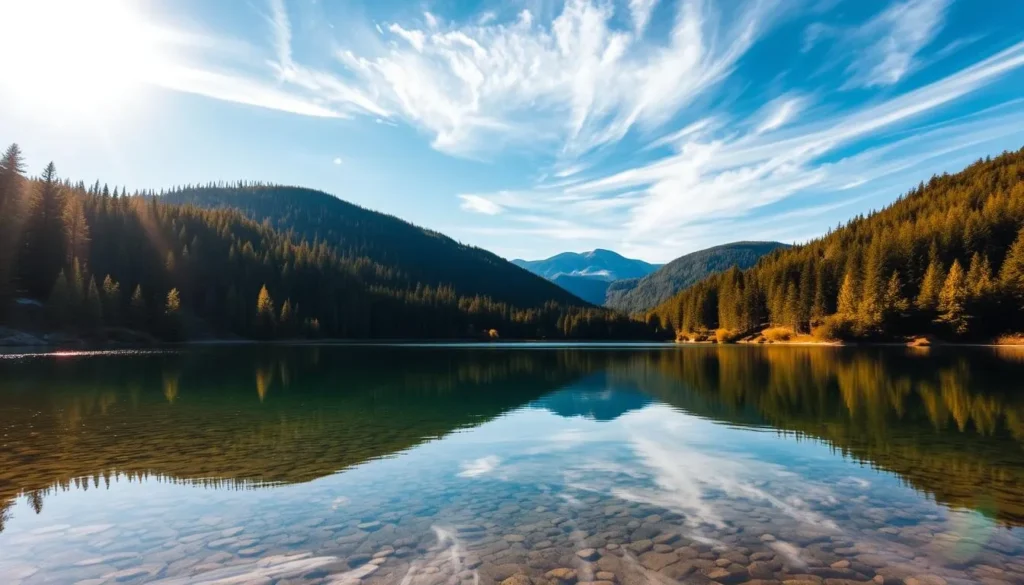 A serene landscape of Šumava National Park in Czechia, nestled amidst towering evergreen forests and rolling hills. In the foreground, a crystal-clear lake reflects the surrounding natural beauty, its still waters mirroring the lush foliage and distant mountain peaks. Warm sunlight filters through the canopy, casting a soft, golden glow over the scene. Wispy clouds drift lazily across a vibrant blue sky, completing the idyllic, picturesque atmosphere. The composition highlights the park's natural splendor, showcasing its tranquil lakes, verdant forests, and majestic mountainous terrain - the perfect setting to illustrate the location of the renowned Black Lake.