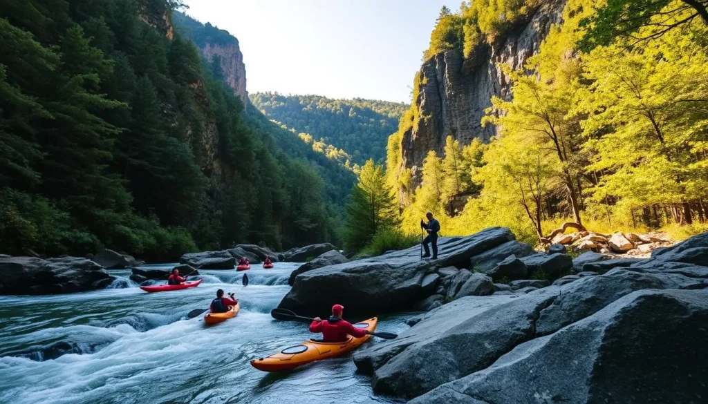 A serene landscape of Tallulah Gorge, Georgia, showcasing the beauty of its cascading waterfalls and crystal-clear waters. In the foreground, adventurous kayakers navigate the turbulent rapids, their vibrant boats adding a dynamic touch to the tranquil scene. The middle ground reveals hikers exploring the lush, verdant trails that line the gorge's edge, capturing the breathtaking vistas. In the background, the towering cliffs and dense foliage create a natural amphitheater, bathed in warm, golden sunlight that filters through the canopy. The overall atmosphere evokes a sense of adventure, outdoor exploration, and the awe-inspiring power of nature.