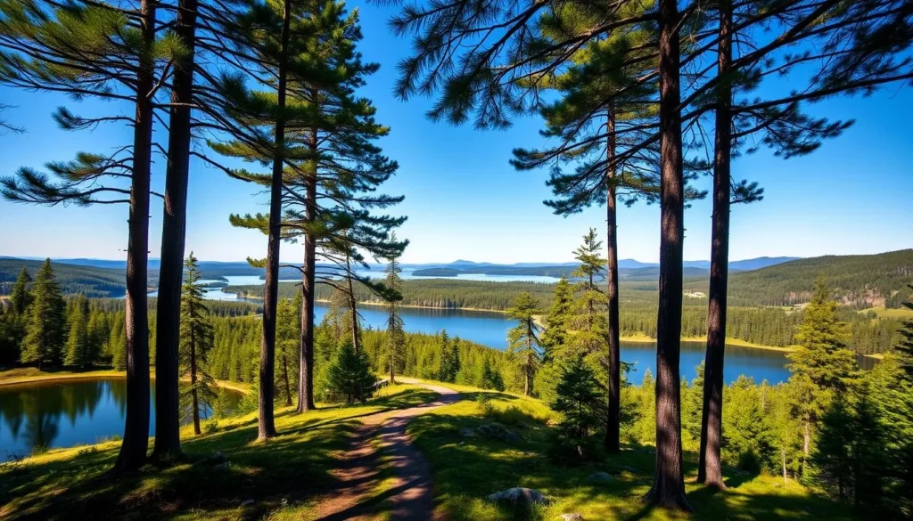 A serene landscape of Tyresta National Park in Sweden, showcasing its picturesque lakes and breathtaking viewpoints. In the foreground, a pristine lake reflects the surrounding verdant forest and clear blue sky. Lush, towering pines frame the scene, casting gentle shadows. In the middle ground, a well-worn hiking trail winds through the natural wonderland, inviting exploration. The background features rolling hills, dotted with clusters of trees and occasional glimpses of distant peaks. Warm, diffused sunlight filters through the canopy, creating a peaceful, tranquil atmosphere. Capture the essence of Tyresta's natural beauty, immersing the viewer in its serene and captivating landscapes. A serene landscape of Tyresta National Park in Sweden, showcasing its picturesque lakes and breathtaking viewpoints. In the foreground, a pristine lake reflects the surrounding verdant forest and clear blue sky. Lush, towering pines frame the scene, casting gentle shadows. In the middle ground, a well-worn hiking trail winds through the natural wonderland, inviting exploration. The background features rolling hills, dotted with clusters of trees and occasional glimpses of distant peaks. Warm, diffused sunlight filters through the canopy, creating a peaceful, tranquil atmosphere. Capture the essence of Tyresta's natural beauty, immersing the viewer in its serene and captivating landscapes.
