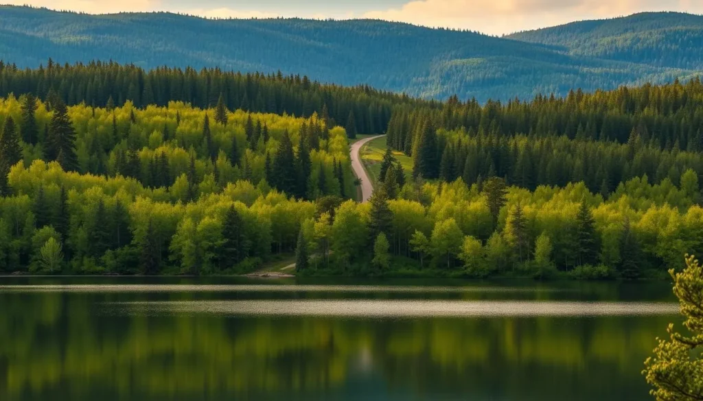 A serene landscape of Värmland, Sweden, showcasing the tranquil lakes and lush, verdant forests. In the foreground, a pristine lake reflects the surrounding trees and the soft, diffused sunlight filtering through the canopy. The middle ground features a trail winding through the dense forest, inviting exploration. In the background, rolling hills covered in a tapestry of evergreens and deciduous trees stretch out to the horizon. The scene is bathed in a warm, golden glow, creating a peaceful, inviting atmosphere. Capture the natural beauty and tranquility of this picturesque region.