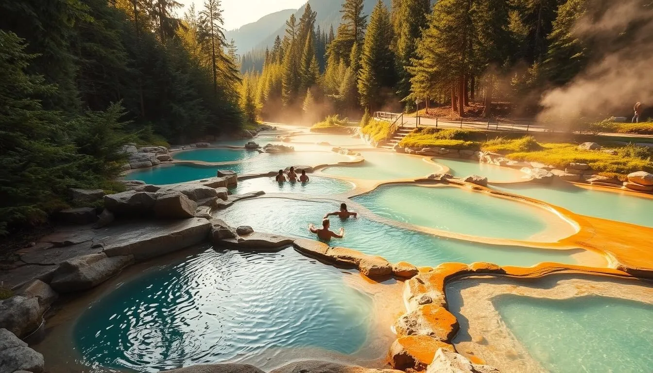A serene landscape of naturally occurring mineral pools nestled amidst a lush, verdant forest. The crystal-clear waters, tinged with vibrant shades of turquoise and jade, shimmer in the warm, golden sunlight that filters through the canopy above. The pools are surrounded by smooth, weathered rocks and mossy embankments, creating a tranquil and inviting atmosphere. In the foreground, a few people are relaxing in the soothing, therapeutic waters, while in the background, towering mountains rise up, framing the scene. The overall mood is one of peaceful, natural beauty, perfectly capturing the essence of the Ainsworth Hot Springs in British Columbia.