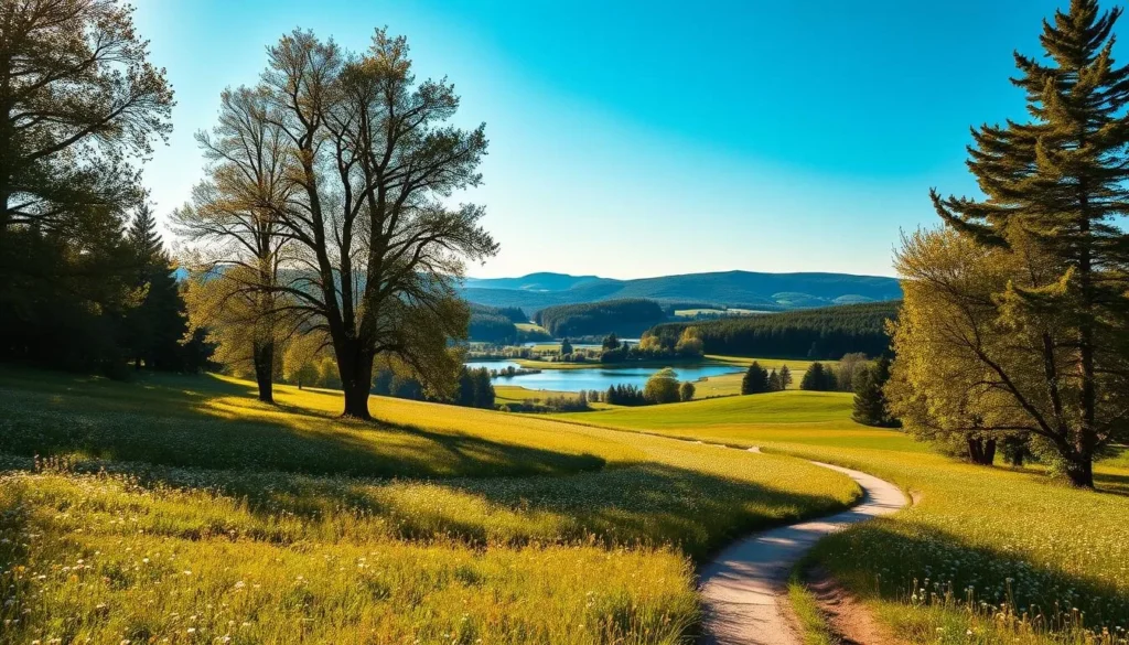 A serene landscape of rolling hills and lush meadows surrounding the historic town of Breclav, Czechia. In the foreground, a winding path leads through a wildflower-dotted field, inviting exploration. Towering deciduous trees line the edges, their branches swaying gently in the soft breeze. In the middle ground, a tranquil lake reflects the azure sky, its calm surface interrupted by the occasional splash of a fish. Distant hills rise up, covered in a tapestry of verdant forests, creating a picturesque backdrop. The warm, golden light of a summer afternoon bathes the scene, casting long shadows and infusing the atmosphere with a sense of peaceful serenity.