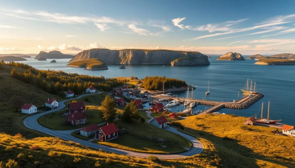 A serene landscape of the Åland Islands, a pristine archipelago in the Baltic Sea off the southwestern coast of Finland. The foreground features a picturesque coastal road winding through lush, rolling hills dotted with charming red-roofed cottages. In the middle ground, a tranquil harbor bustles with traditional wooden sailboats and fishing vessels. The background showcases the archipelago's signature granite cliffs and pine-forested islands, bathed in warm, golden sunlight filtering through wispy clouds. The scene exudes a sense of peaceful solitude and natural harmony, inviting the viewer to discover the natural beauty and laid-back island lifestyle of the Åland Archipelago.