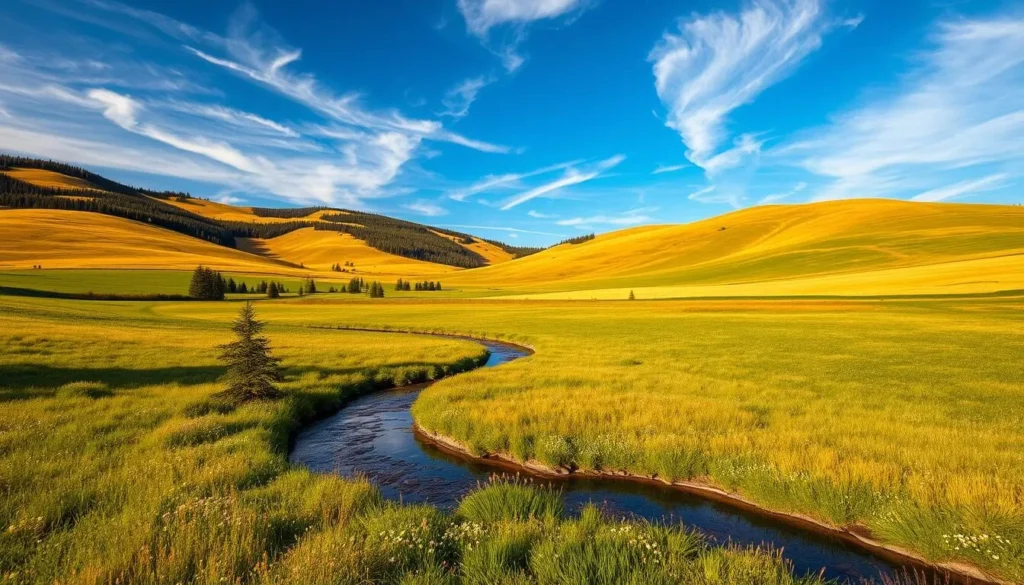 A serene landscape of the Canadian prairies in Devon, Alberta. In the foreground, a winding creek meanders through lush, verdant meadows dotted with wildflowers. Rolling hills rise in the middle distance, their slopes clothed in a patchwork of golden wheat fields and dense pine forests. The sky above is a brilliant azure, with wispy cirrus clouds drifting lazily overhead, illuminated by warm, golden sunlight. Capture the peaceful charm and natural beauty of this idyllic rural setting, where the tranquility of the Alberta countryside is on full display.