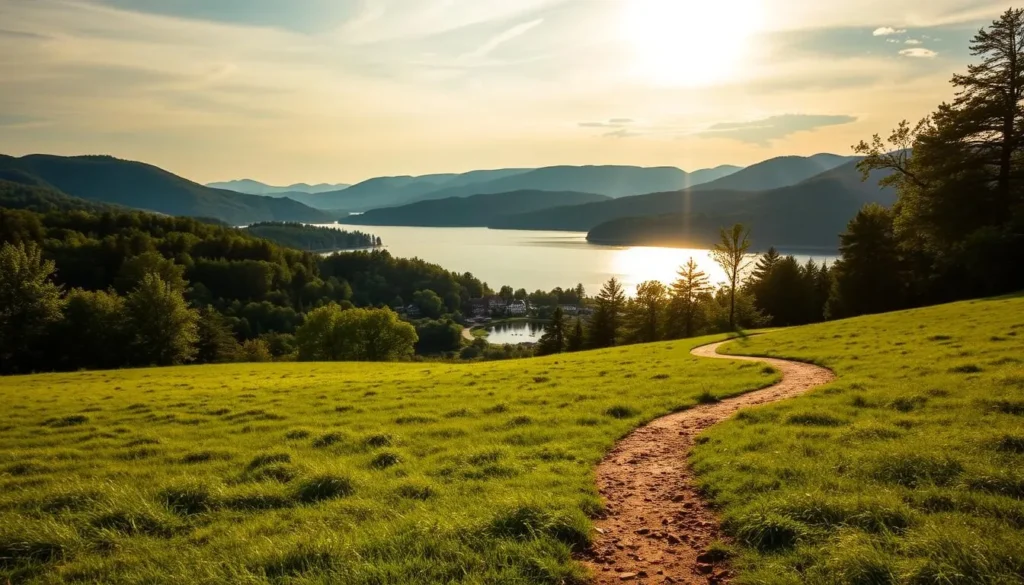 A serene landscape of the Finger Lakes region, showcasing the tranquil waters of Canandaigua Lake surrounded by rolling hills and lush forests. The sun casts a warm glow, creating a picturesque scene with soft shadows and gentle reflections on the lake's surface. In the foreground, a winding path leads through a verdant meadow, inviting exploration. The middle ground features a charming lakeside village with historic architecture, while the background is dominated by the majestic Appalachian foothills. Capture the essence of a picturesque day trip from Canandaigua, New York, with a cinematic, high-resolution image.